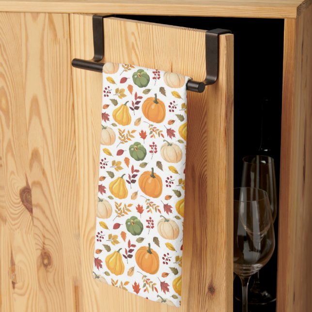 Harvest Pumpkins and Autumn Leaves Pattern Kitchen Towel (Thirds Fold)