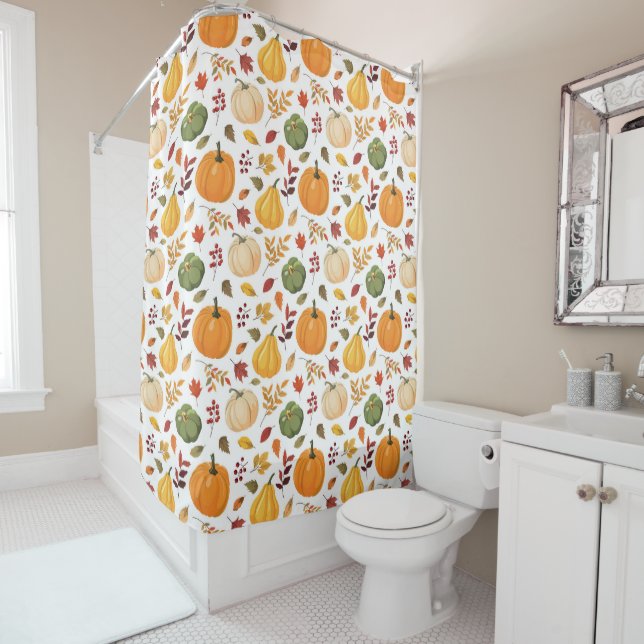 Harvest Pumpkins and Autumn Leaves Pattern Shower Curtain (In Situ)