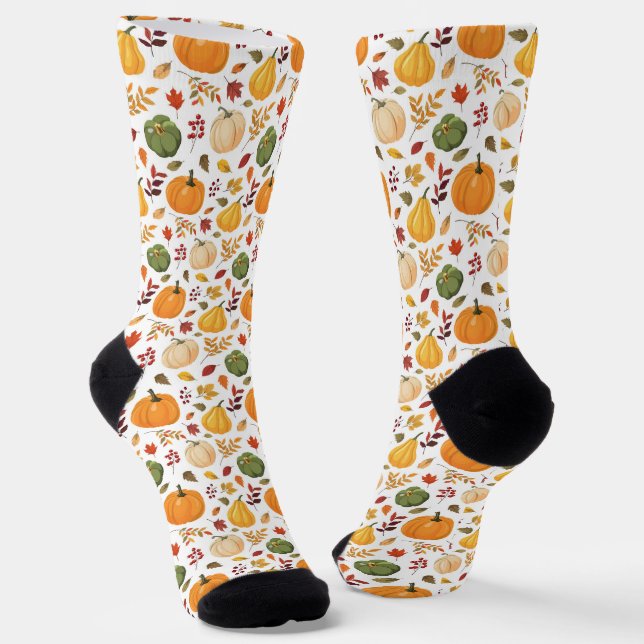 Harvest Pumpkins and Autumn Leaves Pattern Socks (Angled)