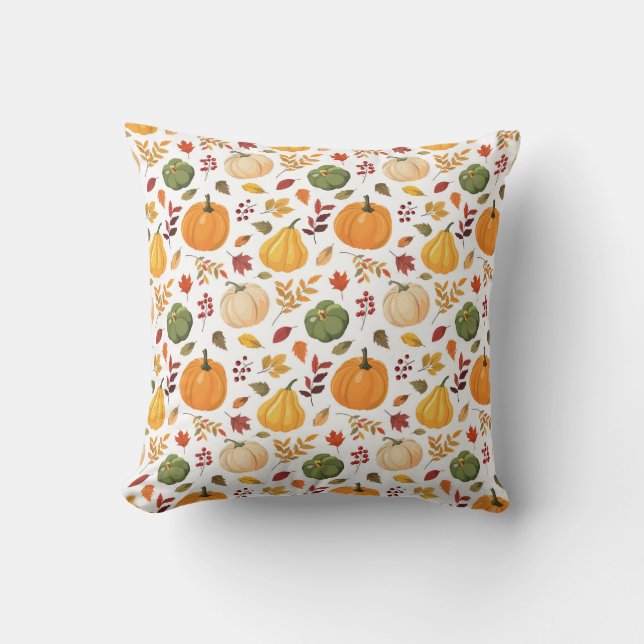 Harvest Pumpkins and Autumn Leaves Pattern Throw Pillow (Front)