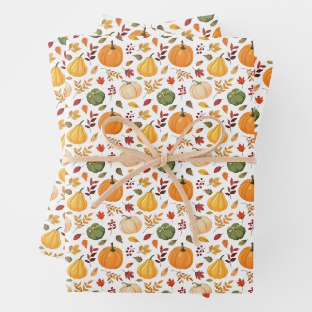 Harvest Pumpkins and Autumn Leaves Pattern Wrapping Paper Sheets (In situ)