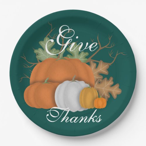 Harvest Pumpkins and Oak Leaves Give Thanks Custom Paper Plates