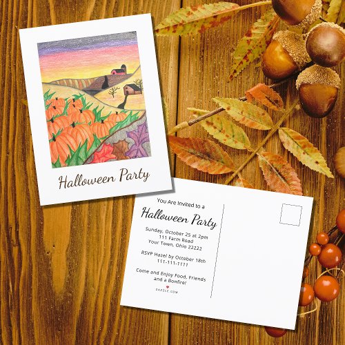 Harvest Pumpkins Folk Art Halloween Party  Invitation Postcard