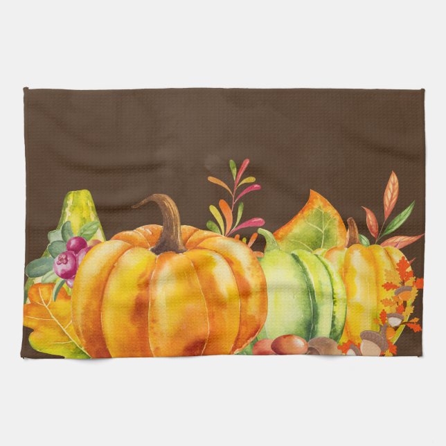 Harvest Pumpkins, Leaves and Foliage Kitchen Towel (Horizontal)