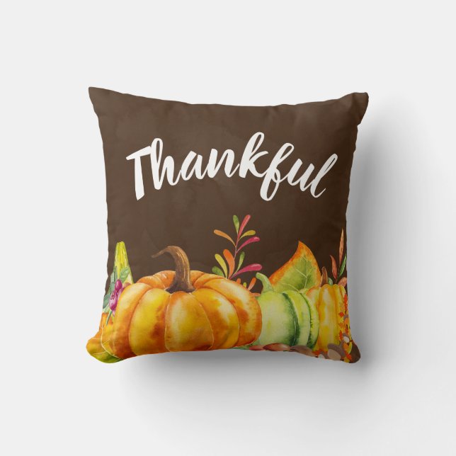 Harvest Pumpkins, Leaves and Foliage Thankful Throw Pillow (Front)