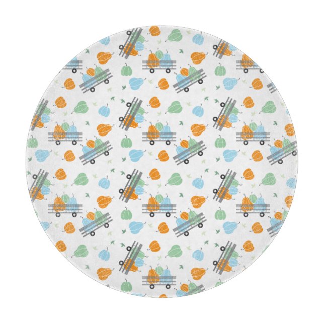 Harvest Pumpkins Pattern Wagon Blue Orange Cutting Board (Front)