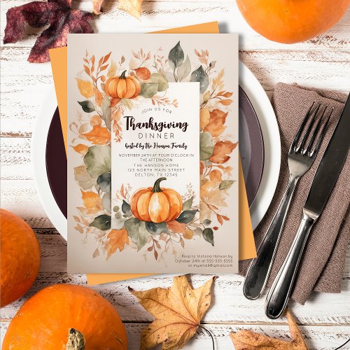 Harvest Pumpkins Watercolor Leaves Thanksgiving Invitation