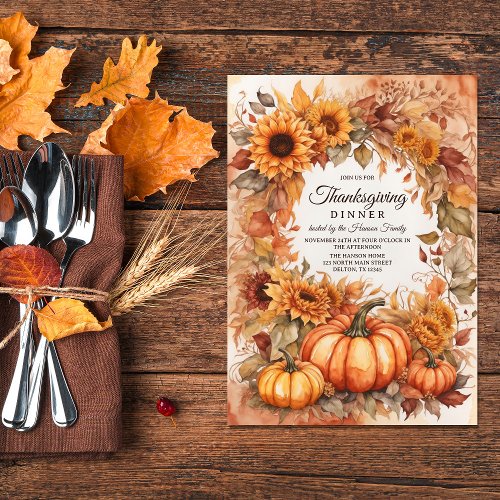 Harvest Splendor Watercolor Thanksgiving  Invitation