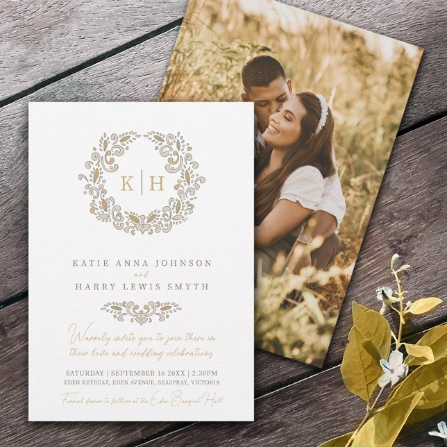 Harvest stylized wreath monogram wedding photo invitation (Creator Uploaded)