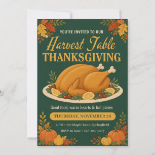 Harvest Table Roast Turkey Green Thanksgiving Invitation