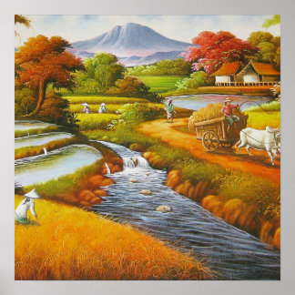 Harvest Time: A Rural Landscape with a Mountain Poster