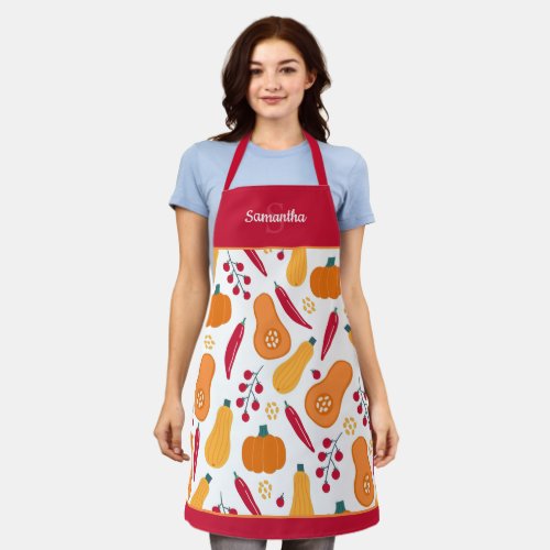 Harvest Vegetable Pattern with Name Orange and Red Apron