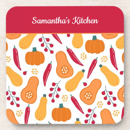 Harvest Vegetable Pattern with Name Orange and Red Beverage Coaster