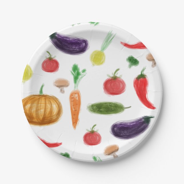 Harvest vegetables tomato pepper carrot mushroom c paper plates (Front)