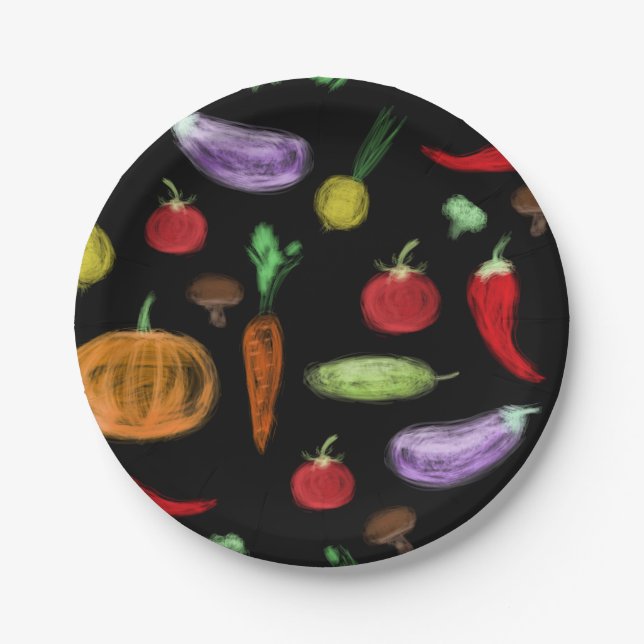Harvest vegetables tomato pepper carrot mushroom c paper plates (Front)