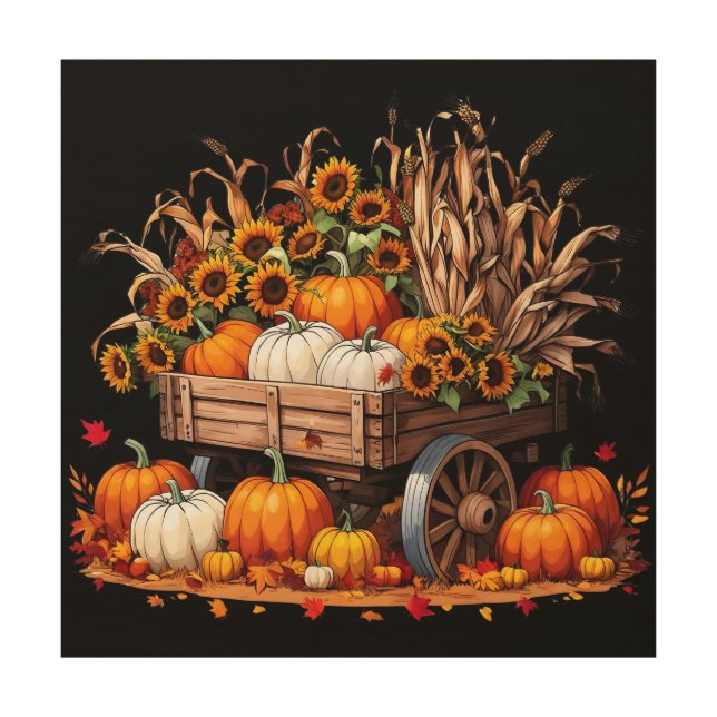 Harvest Wagon with Pumpkins | Fall Wood Art (Front)
