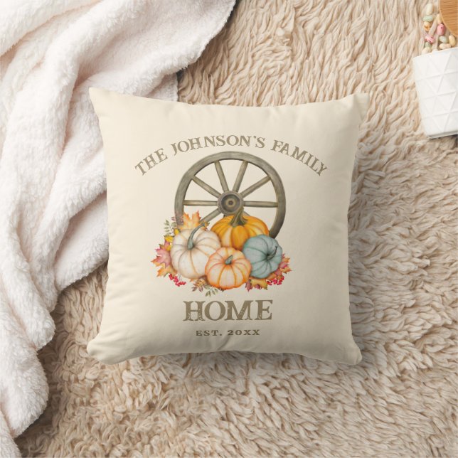 Harvest Wheel & Pumpkins Autumn Fall Family Name Throw Pillow (Blanket)