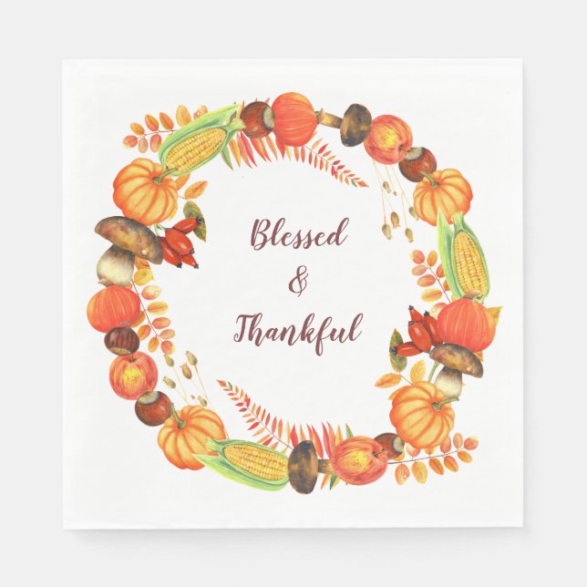 Harvest Wreath Blessed Thanksgiving Napkins (Front)