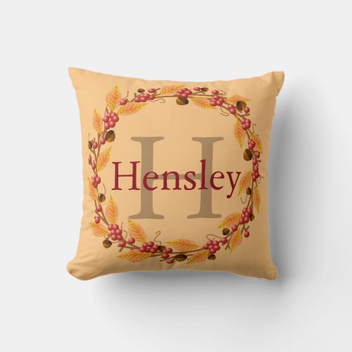 Harvest Wreath Custom Monogram Throw Pillow