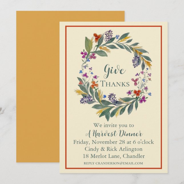 Harvest Wreath Give Thanks Invitation  (Front/Back)