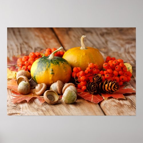 Harvested pumpkins with fall leaves poster