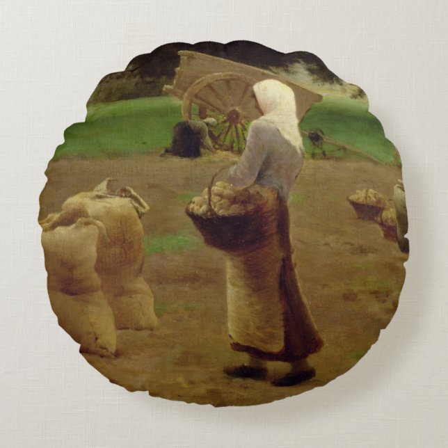 Harvesting Potatoes Round Pillow (Front)