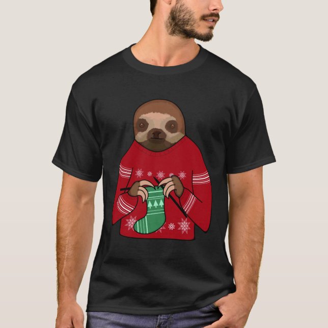 Harvey The Festive Knitting Sloth T-Shirt (Front)
