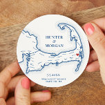Harwich MA Wequassett Resort Cape Cod Wedding Round Paper Coaster<br><div class="desc">Cheers to great times on Cape Cod at your coastal wedding celebration in Harwich with these personalized Cape Cod map paper coasters. Perfect customized paper coasters for your Cape Cod clam bake, Engagement Party, Wedding Welcome Party, Cocktail Hour or Wedding Reception in Harwich, MA, with the moveable heart right over...</div>