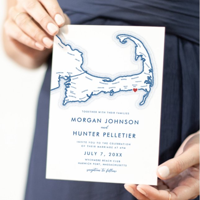 Harwich Port Cape Cod Navy Blue Minimalist Wedding Invitation (Harwich Port MA Minimal Modern Cape Cod Wedding Wedding Invitation in Navy Blue Coastal Map Designs )