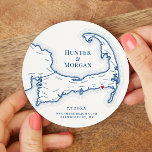Harwich Port MA Wychmere Beach Club Wedding Round Paper Coaster<br><div class="desc">Cheers to great times on Cape Cod at your coastal wedding celebration with these personalized Cape Cod map paper coasters. Perfect customized paper coasters for your Cape Cod clam bake, Engagement Party, Wedding Welcome Party, Cocktail Hour or Wedding Reception in Harwich Port, MA, with the moveable heart right over Wychmere...</div>