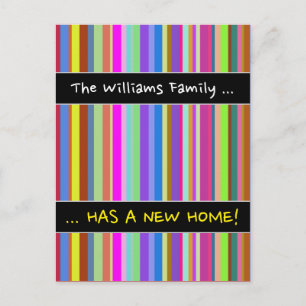 "... HAS A NEW HOME!" + Stripes of Various Colors Announcement Postcard