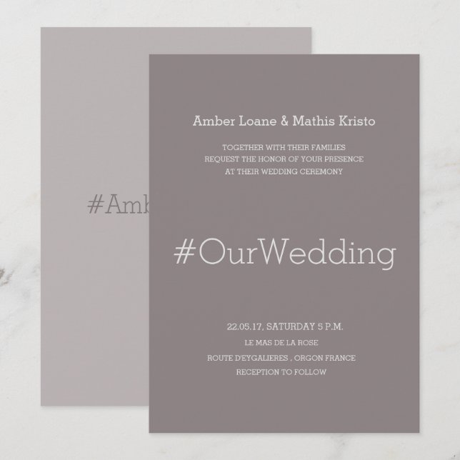 Hashtag chic modern elegant lilac gray wedding invitation (Front/Back)