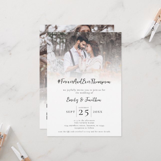 Hashtag Forever Name 2 Photo Overlay QR Wedding Invitation | Zazzle