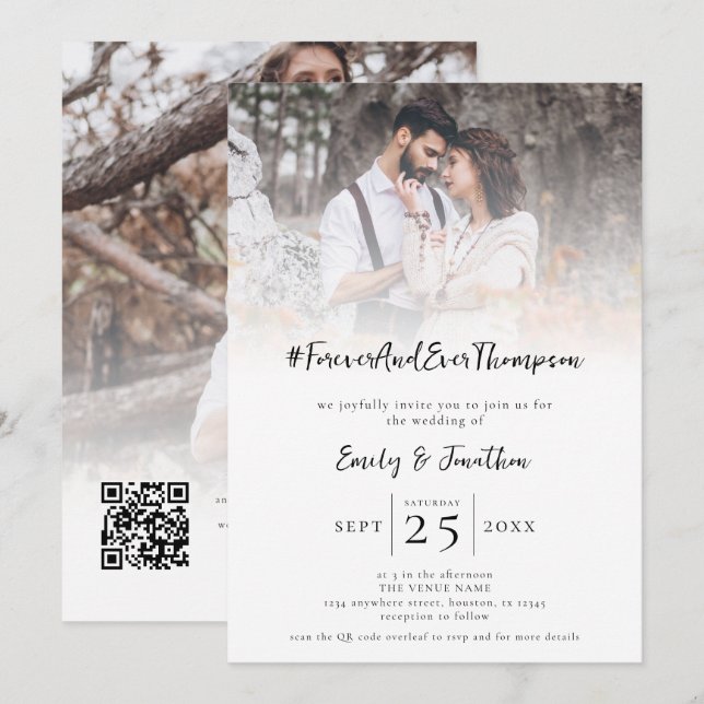 Hashtag Forever Name 2 Photo Overlay QR Wedding Invitation | Zazzle