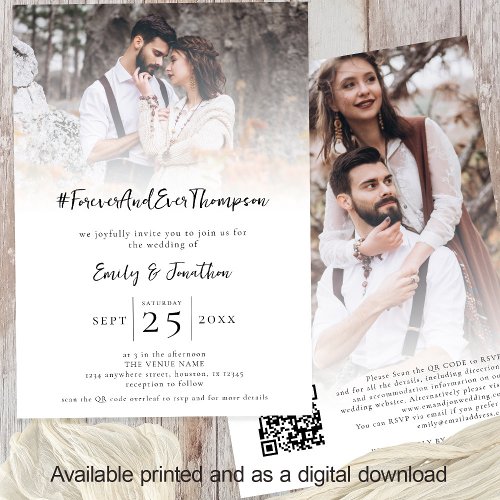 Hashtag Forever Name 2 Photo Overlay QR Wedding  Invitation