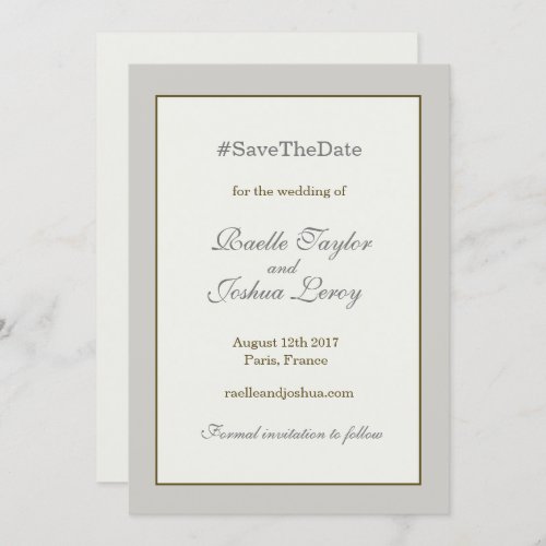 Hashtag gold gray ivory save the date announcement