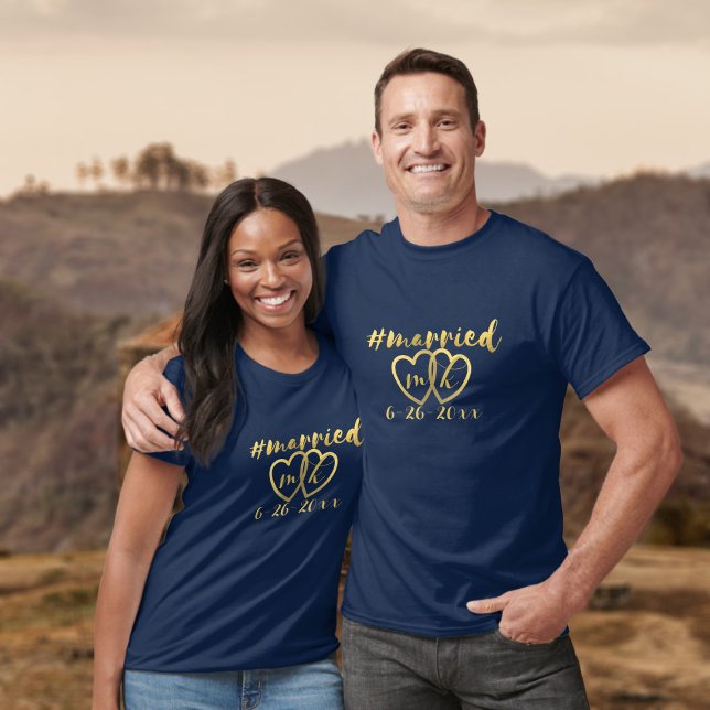 Hashtag Married Custom Wedding Date Couple T-Shirt (Creator Uploaded)