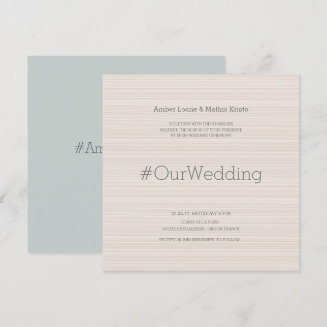 Hashtag modern elegant beige cyan stripes wedding invitation (Front/Back)
