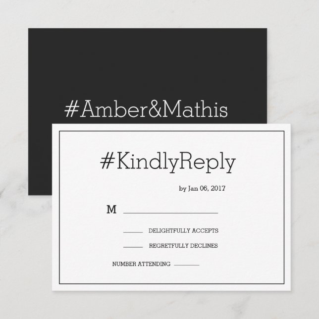 Hashtag modern elegant black white wedding rsvp invitation (Front/Back)