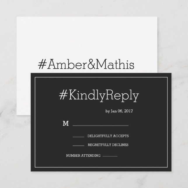 Hashtag modern elegant black white wedding rsvp invitation (Front/Back)