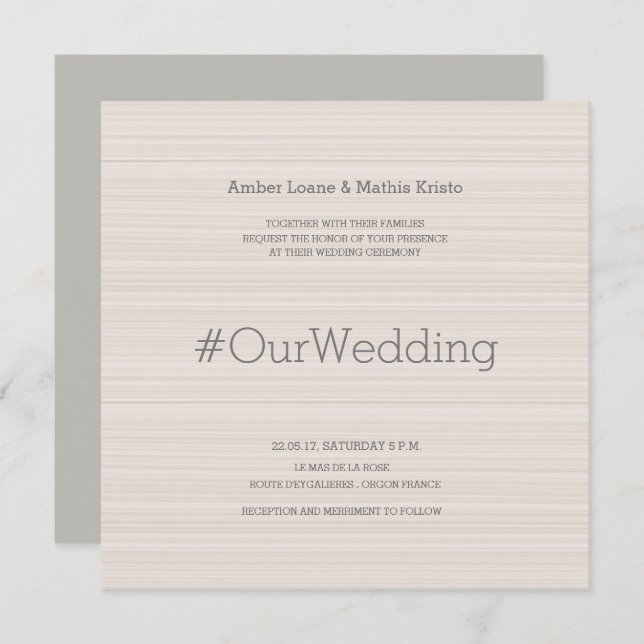 Hashtag modern elegant blush gray stripes wedding invitation (Front/Back)