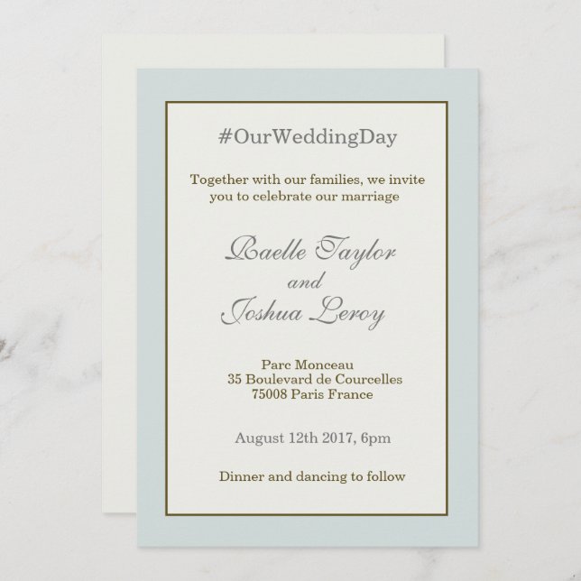 # hashtag personalized blue gold gray wedding invitation (Front/Back)