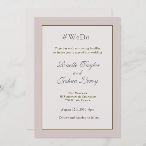 Hashtag personalized blush pink gold gray wedding invitation