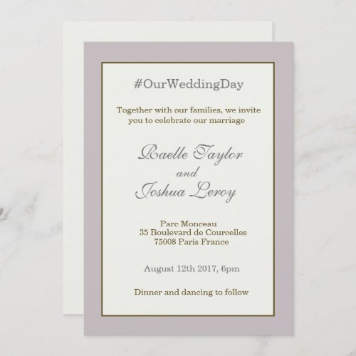 Hashtag personalized blush pink gold gray wedding invitation