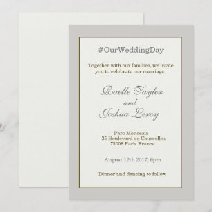 Hashtag personalized gold gray ivory white wedding invitation