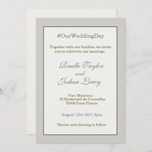 Hashtag personalized gold gray ivory white wedding invitation