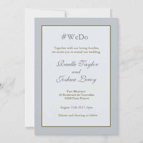 Hashtag personalized pale blue gold gray wedding invitation
