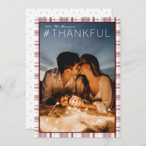 Hashtag THANKFUL Plaid Red Vertical Holiday Card