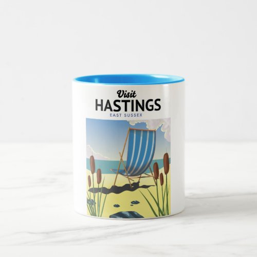 Hastings East Sussex beach travel poster Two_Tone Coffee Mug