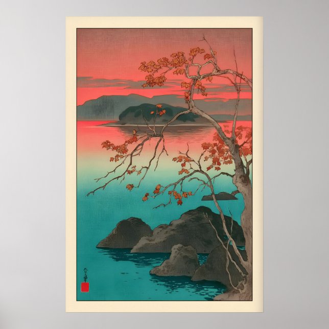 Hasui Kawase Maple Leaves Print Quiet Dusk, Pink (Front)